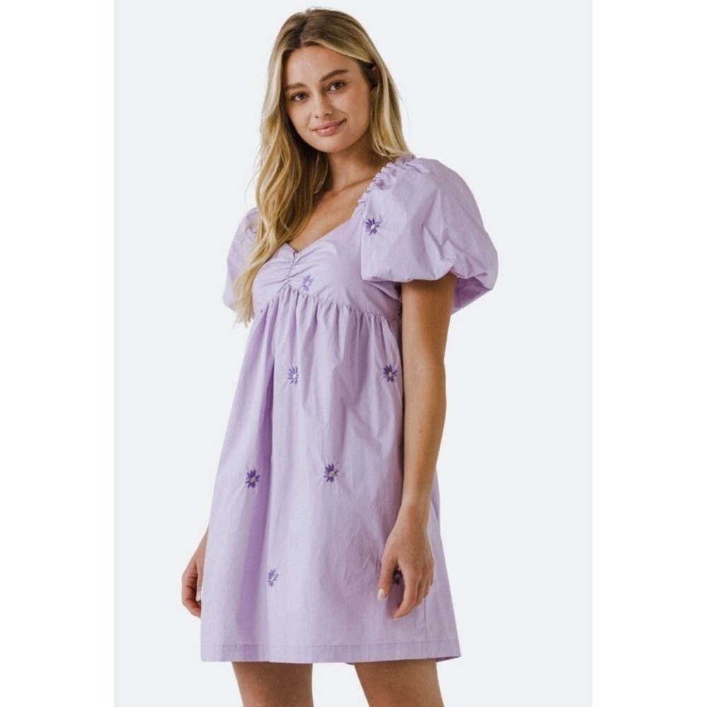 English Factory Purple Floral Embroidery Baby Doll Dress Puff Sleeves Size S